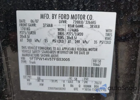 2007 Ford F150 Supercrew z USA, uszkodzony, nr VIN 1FTPW14V57FB53005